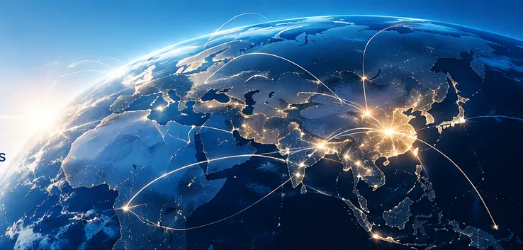 Night view of the globe with trade routes linking China to other continents